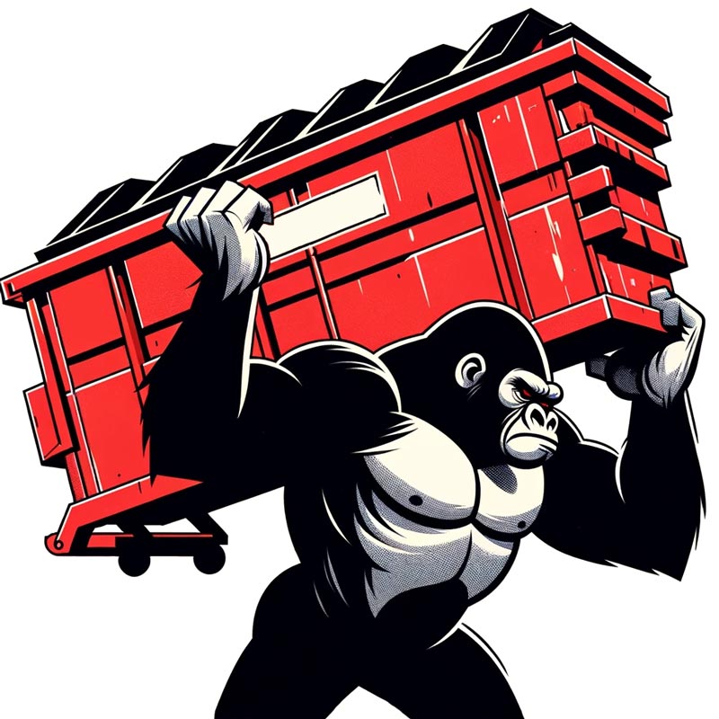Illustration of a gorilla lifting a red dumpster over it's head